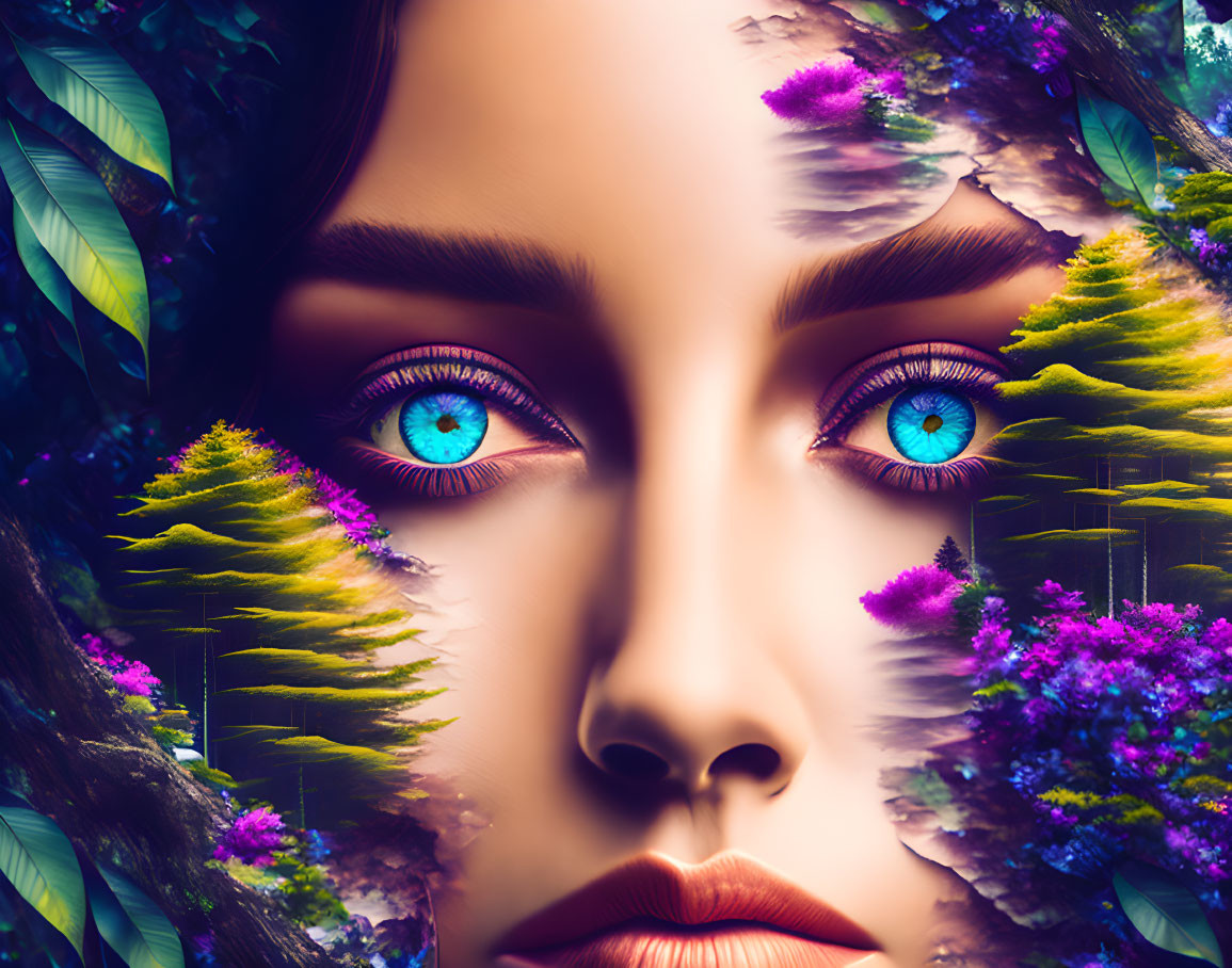 Surrealist image: Woman's face merges with vibrant nature elements