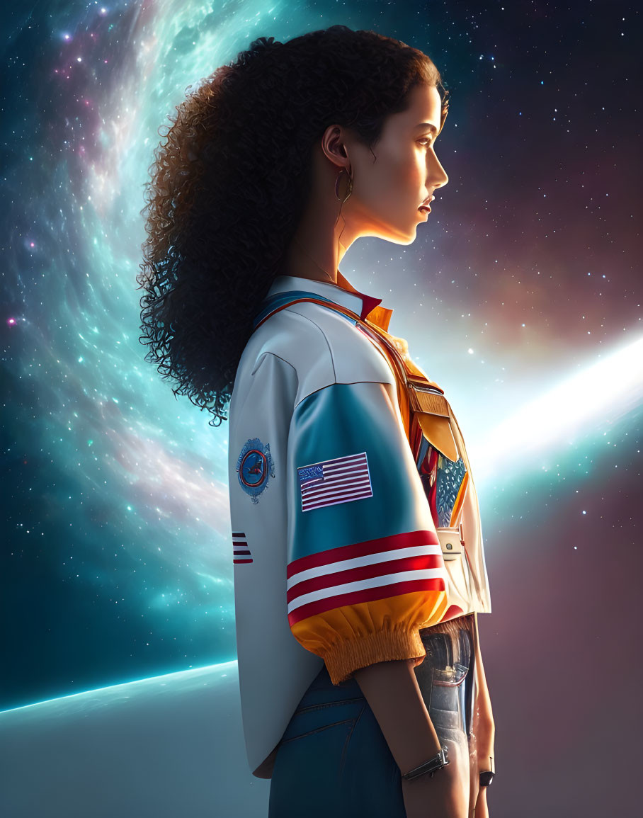 Woman in space-themed jacket gazing at cosmos