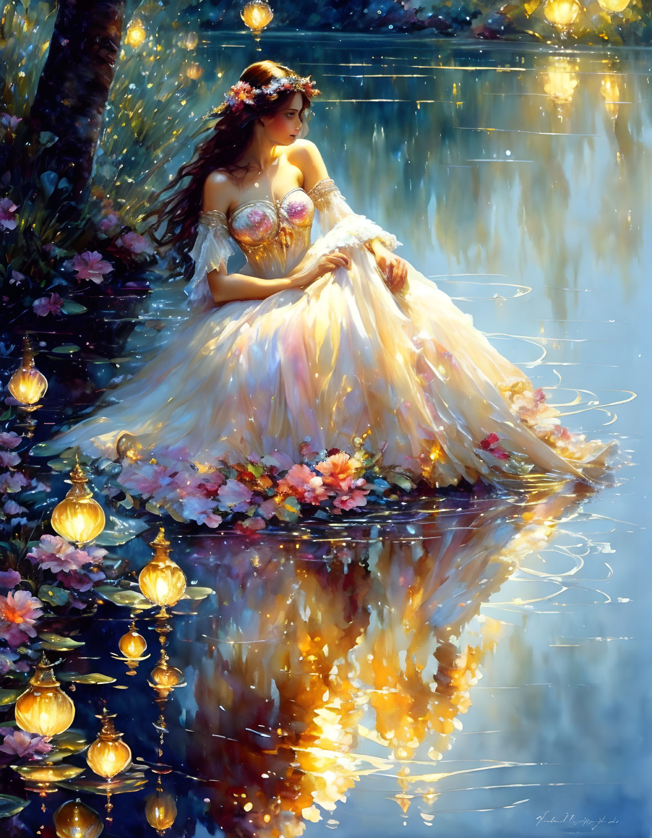 Woman in flowing gown by serene pond with blossoming flowers and lanterns at twilight