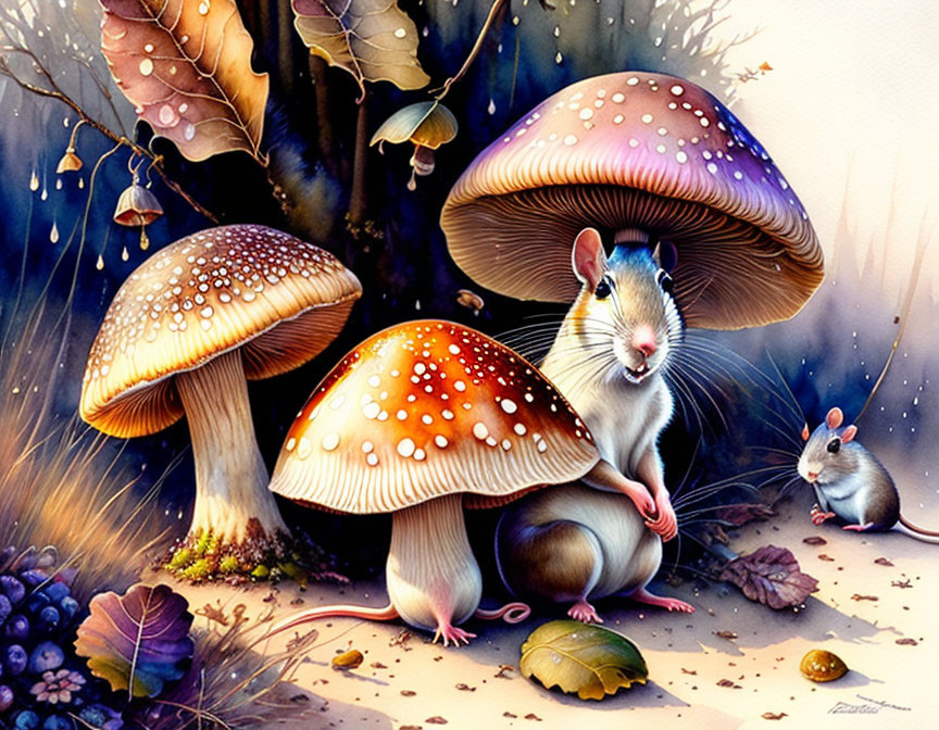 Colorful Mushroom Illustration with Cute Rodents in Autumn Setting