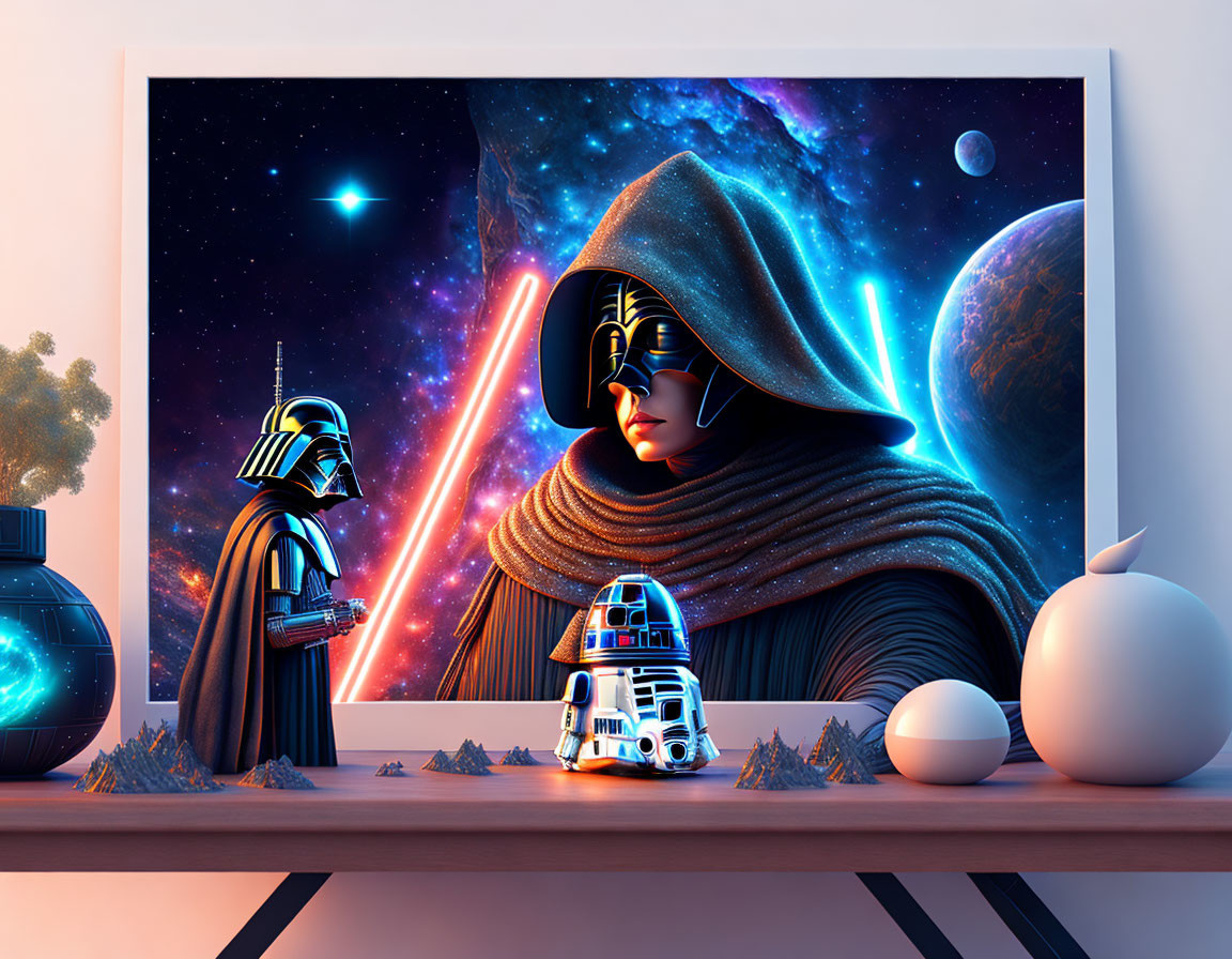 Digital artwork of Star Wars characters with lightsabers on screen with thematic decor on table