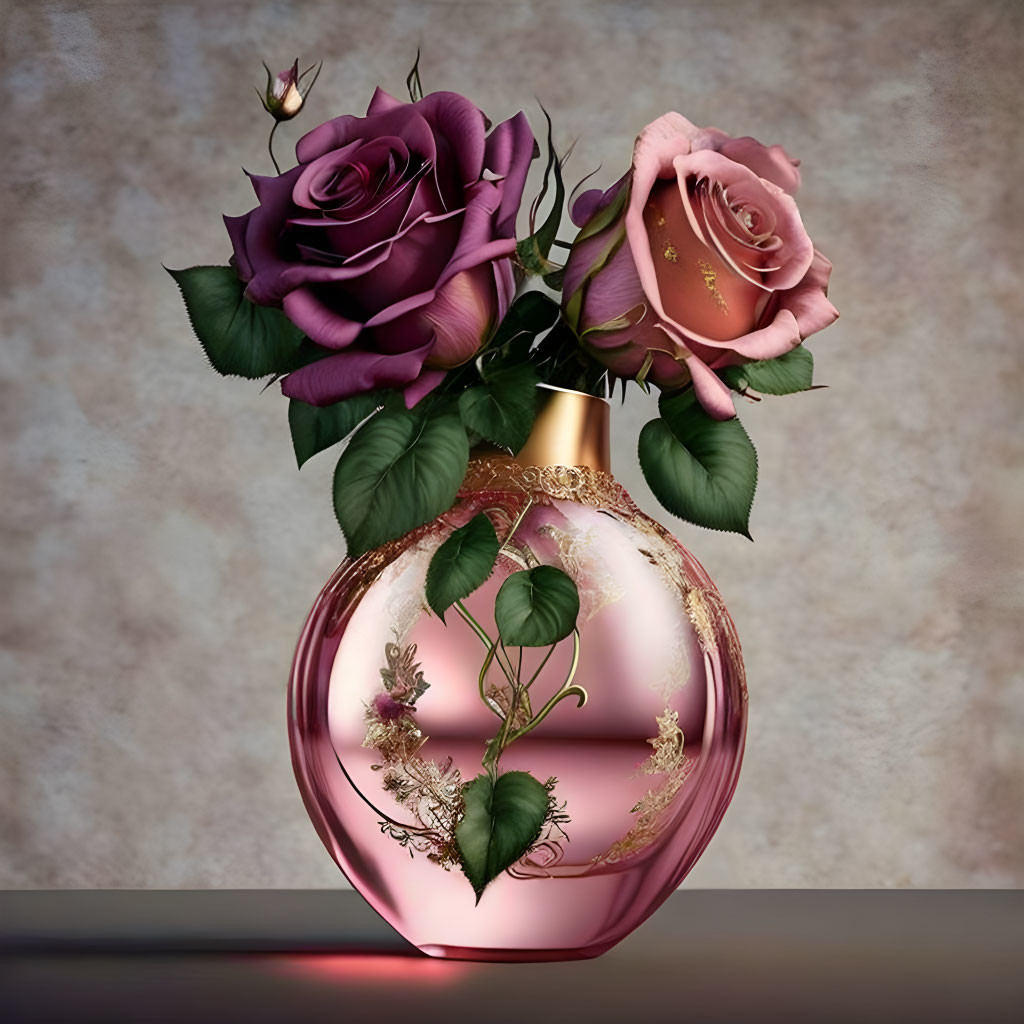 Transparent Pink Vase with Golden Accents and Pink Roses Bouquet