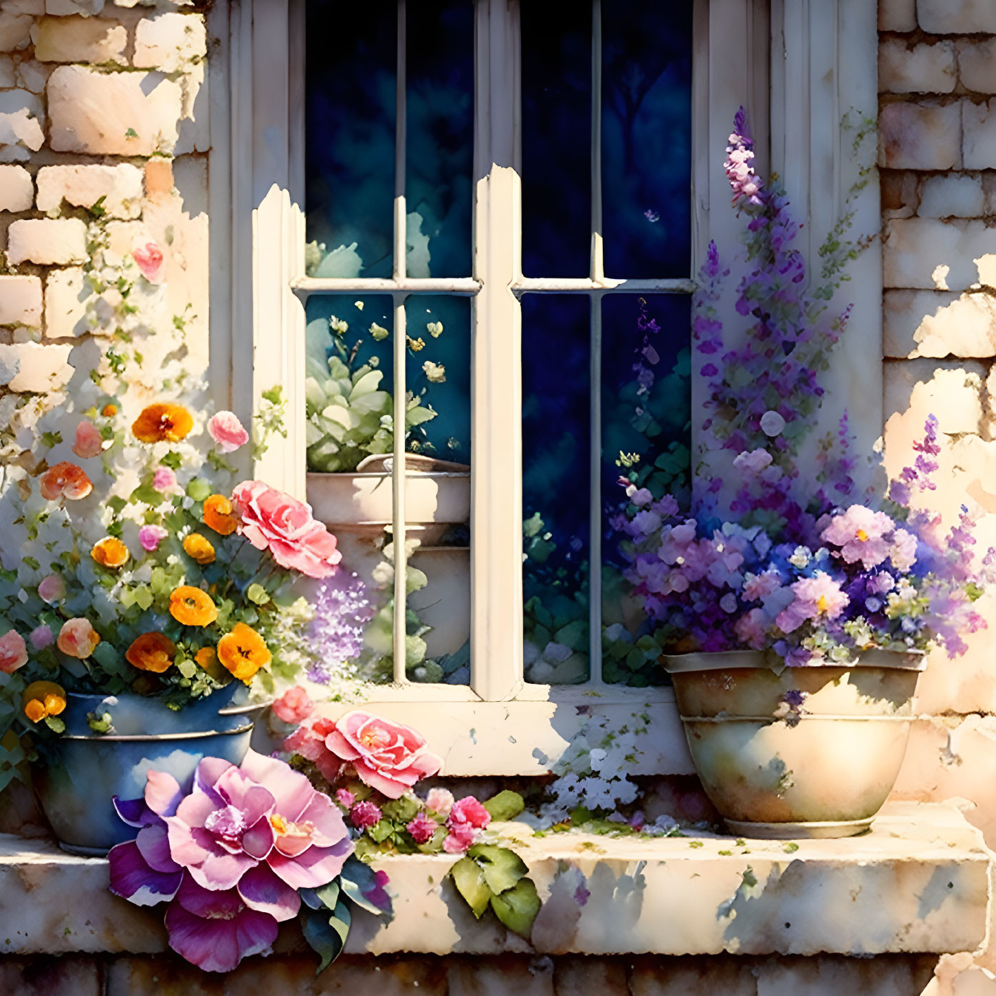 Blossoming flowers frame quaint window against brick wall