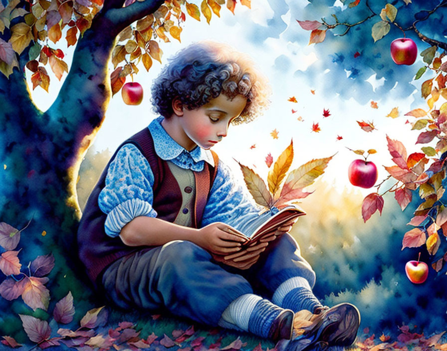 Child reading book under autumn tree with falling leaves and apples