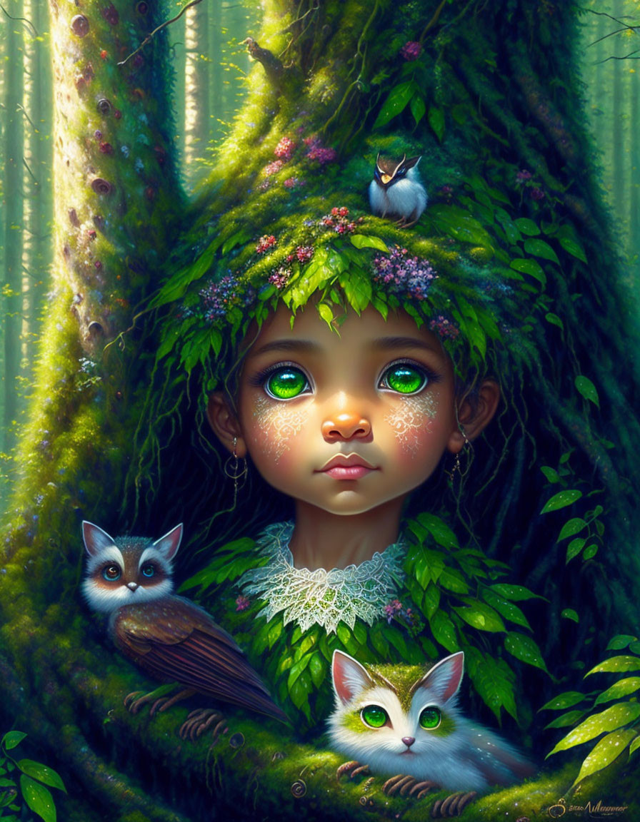 Illustration of child with green eyes, nature elements, forest creatures, and magical tree.