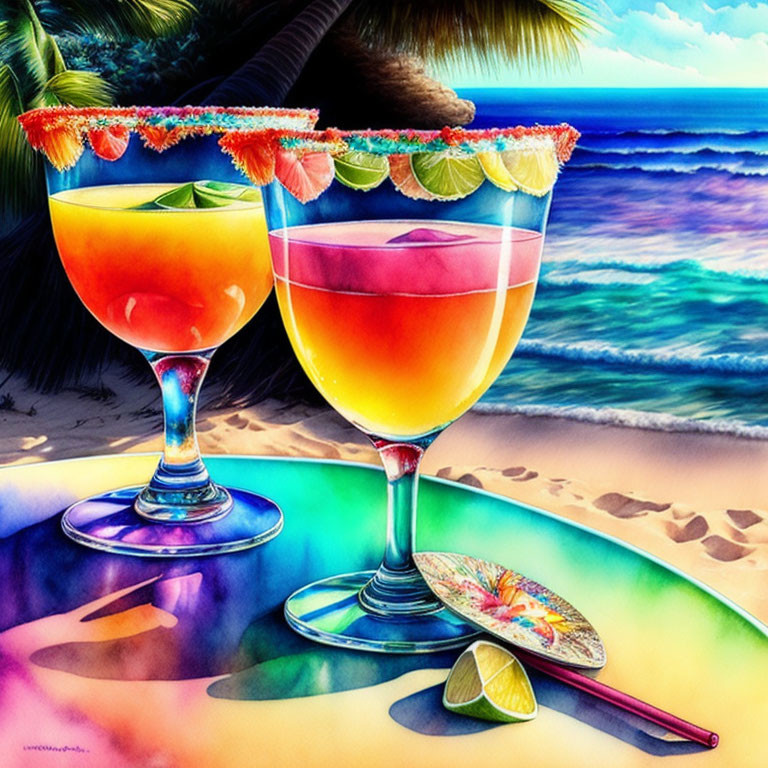 Colorful Cocktails on Beach with Fan, Lime, and Ocean in Background