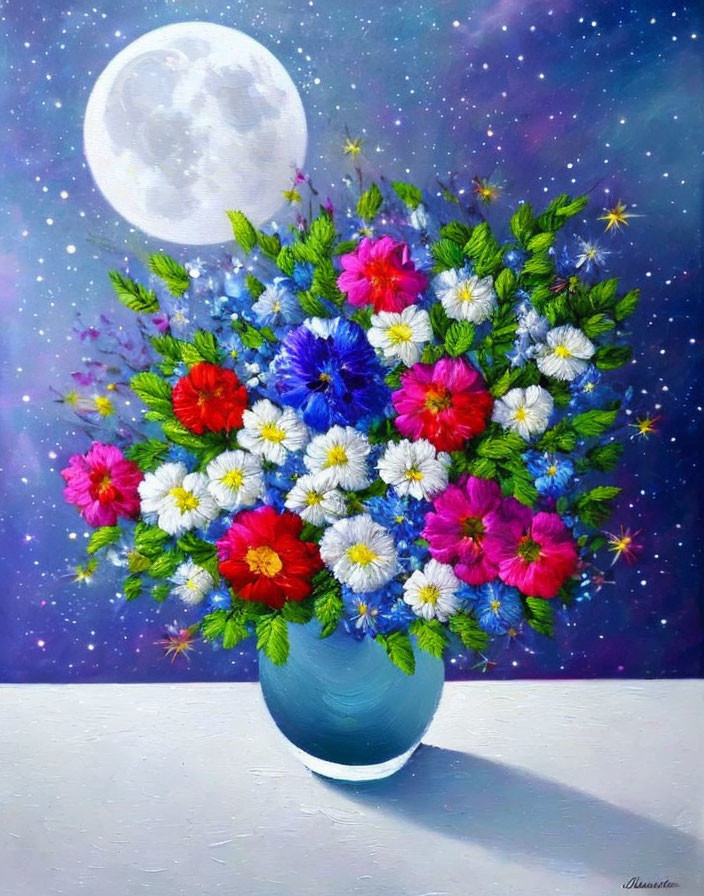 Colorful Flower Bouquet in Blue Vase with Starry Sky Background