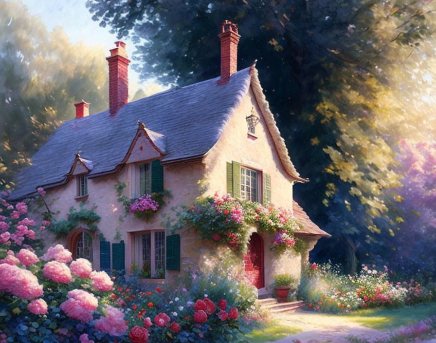 Ivy-covered cottage with pink rose garden and dappled sunlight