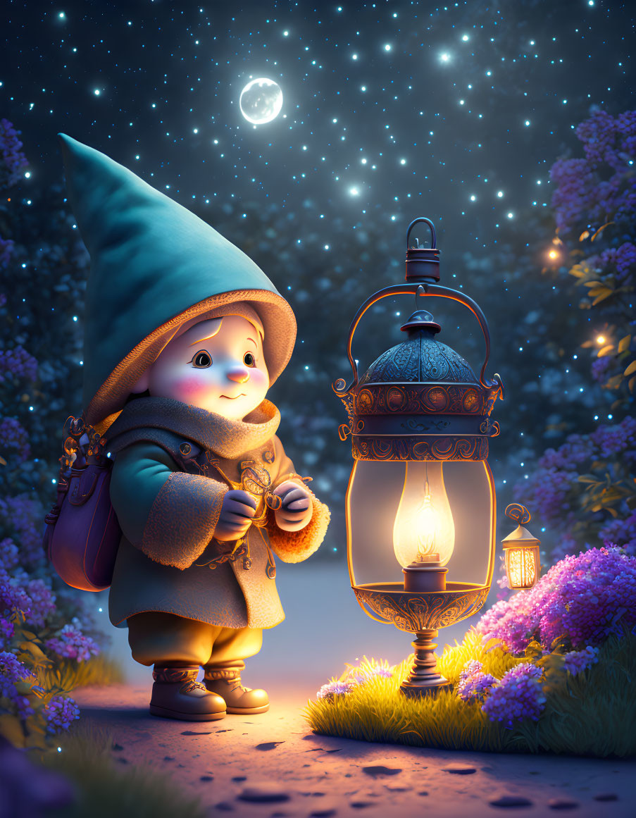 Animated gnome with lantern in starry sky and purple flowers