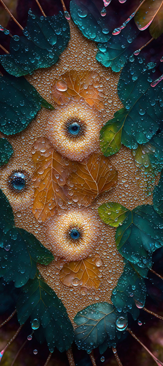 Vivid sunflowers among dew-covered leaves in blue and green hues