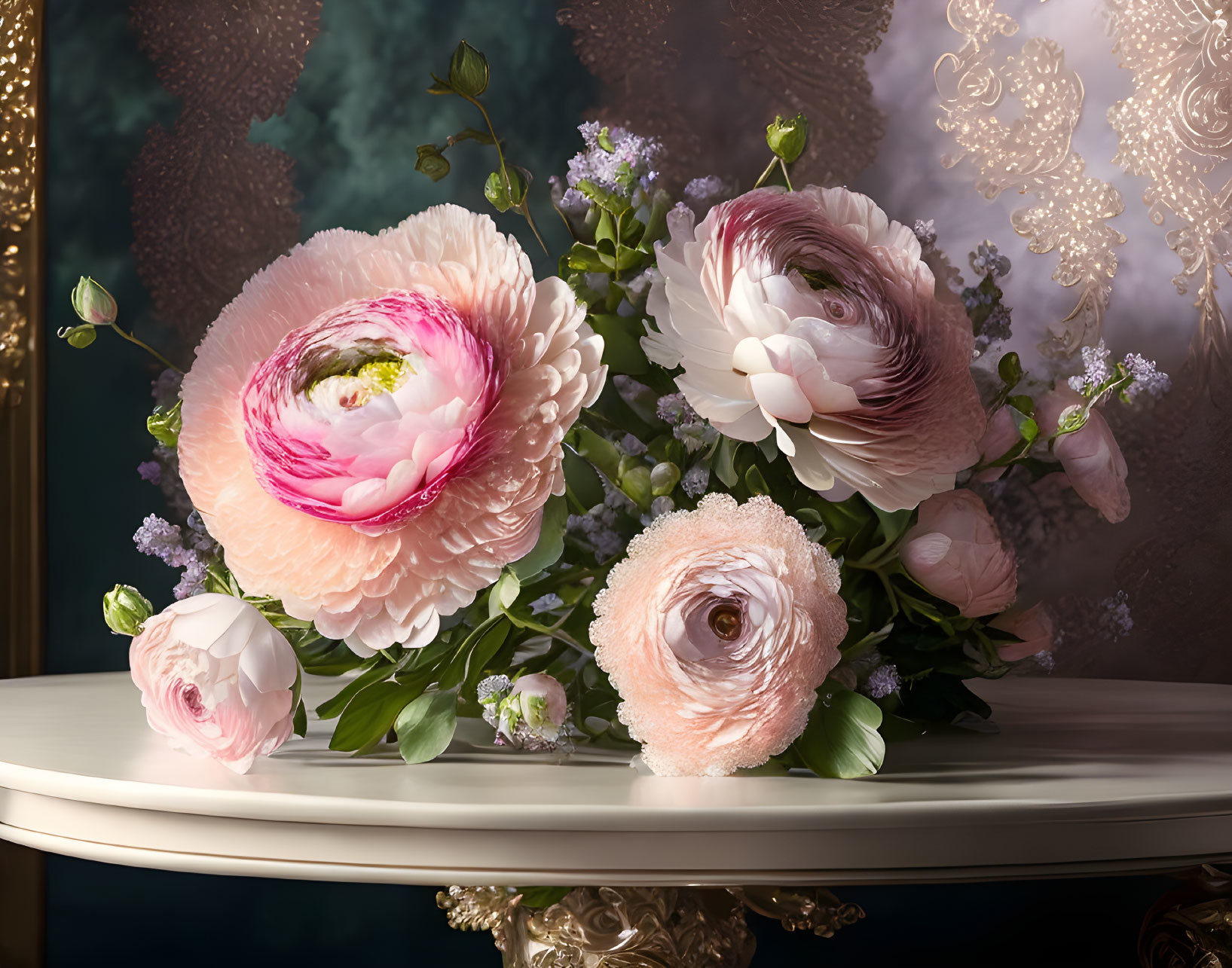 Lush Flowers with Pink Petals on Table Against Ornate Backdrop