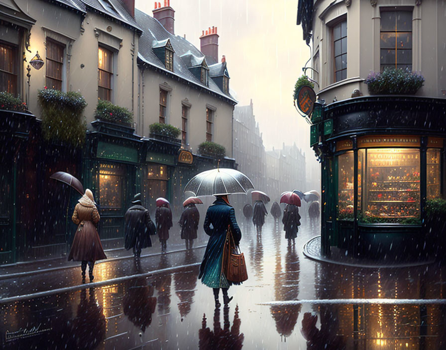 Cobblestone street with glowing green shopfront on rainy evening