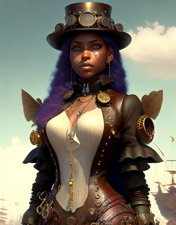 Digital artwork: Woman with purple hair, steampunk attire & mechanical parts, in sky with air