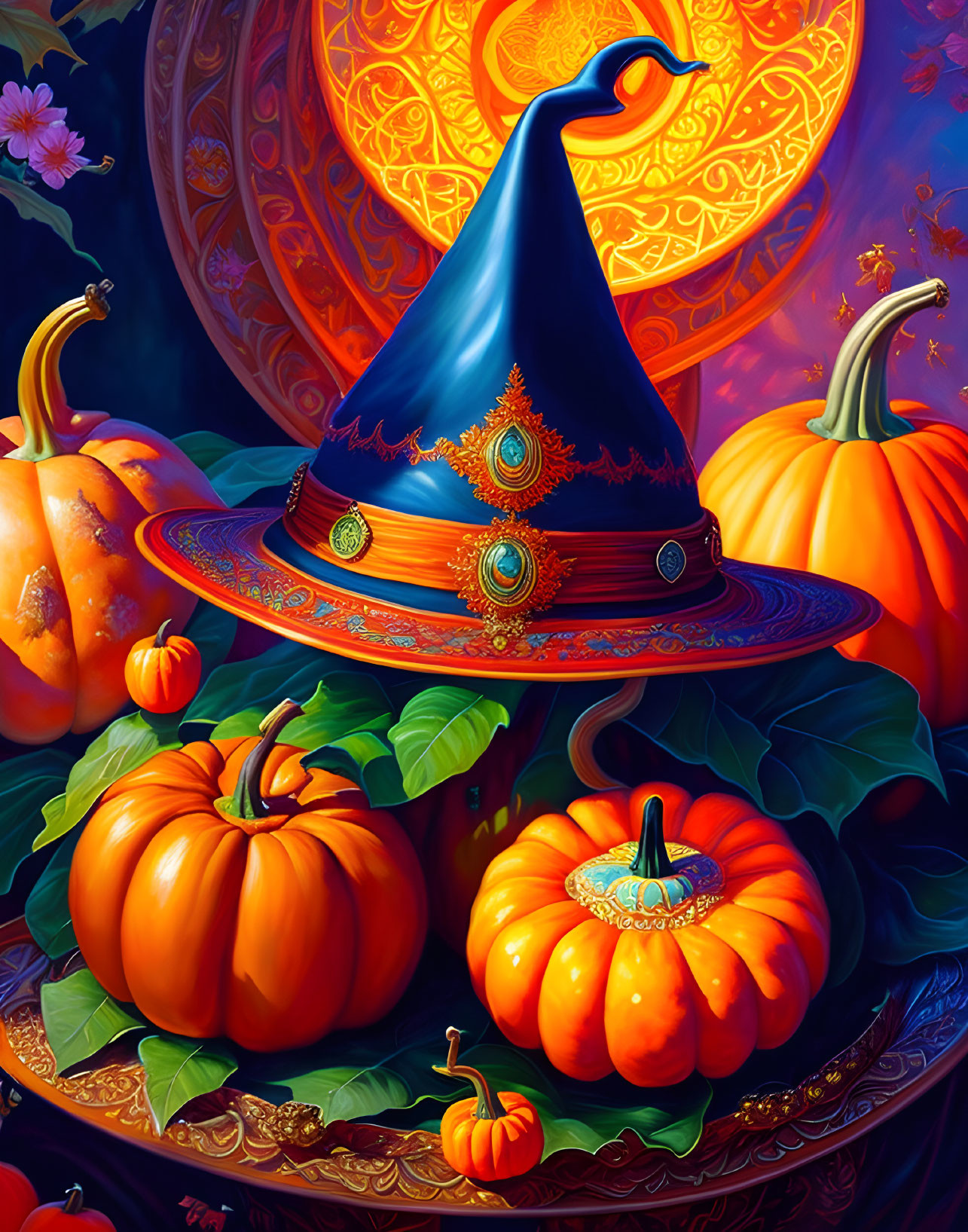 Colorful Halloween-themed illustration with pumpkins, blue witch's hat, golden patterns, orange moon,