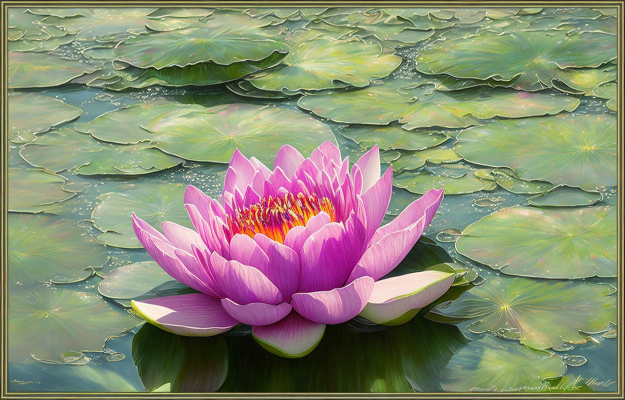 Pink Lotus Flower Blooming Among Green Lily Pads on Tranquil Pond