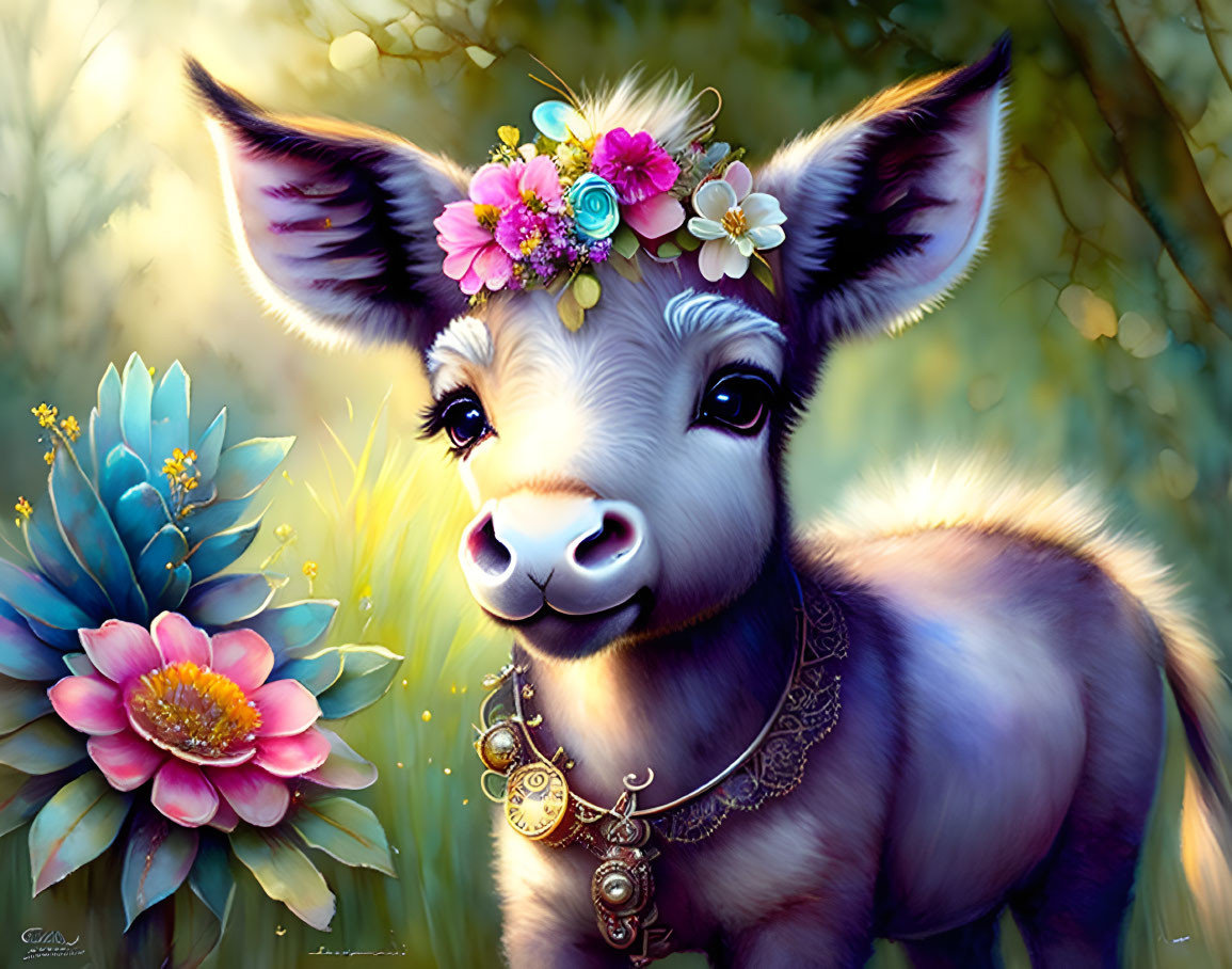 Illustration of baby donkey with floral crown and jewelry in soft-focus background