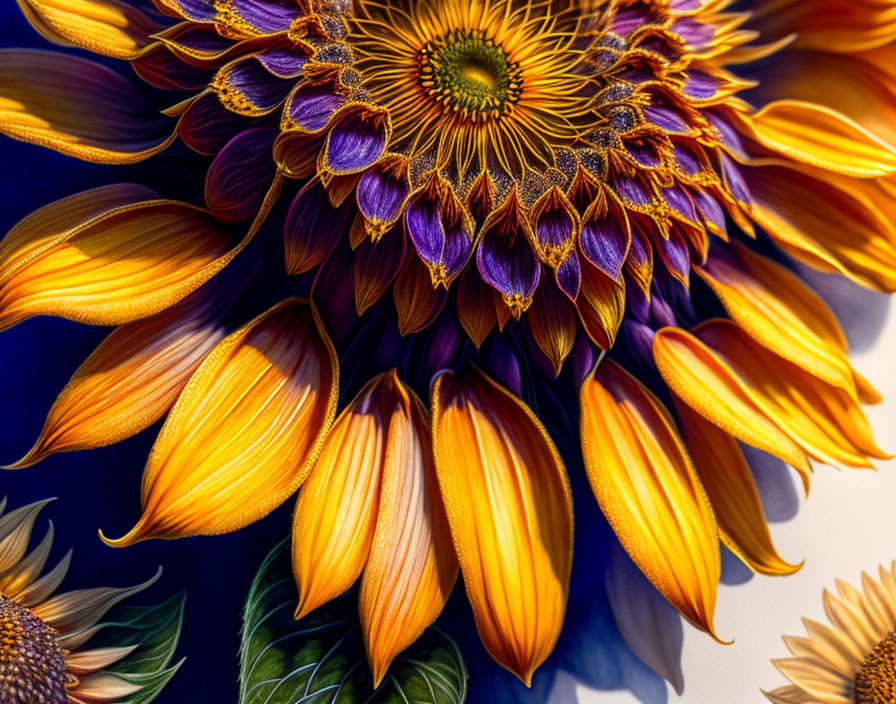 Detailed Close-Up: Vibrant Sunflower with Yellow and Purple Petals on Blue Background