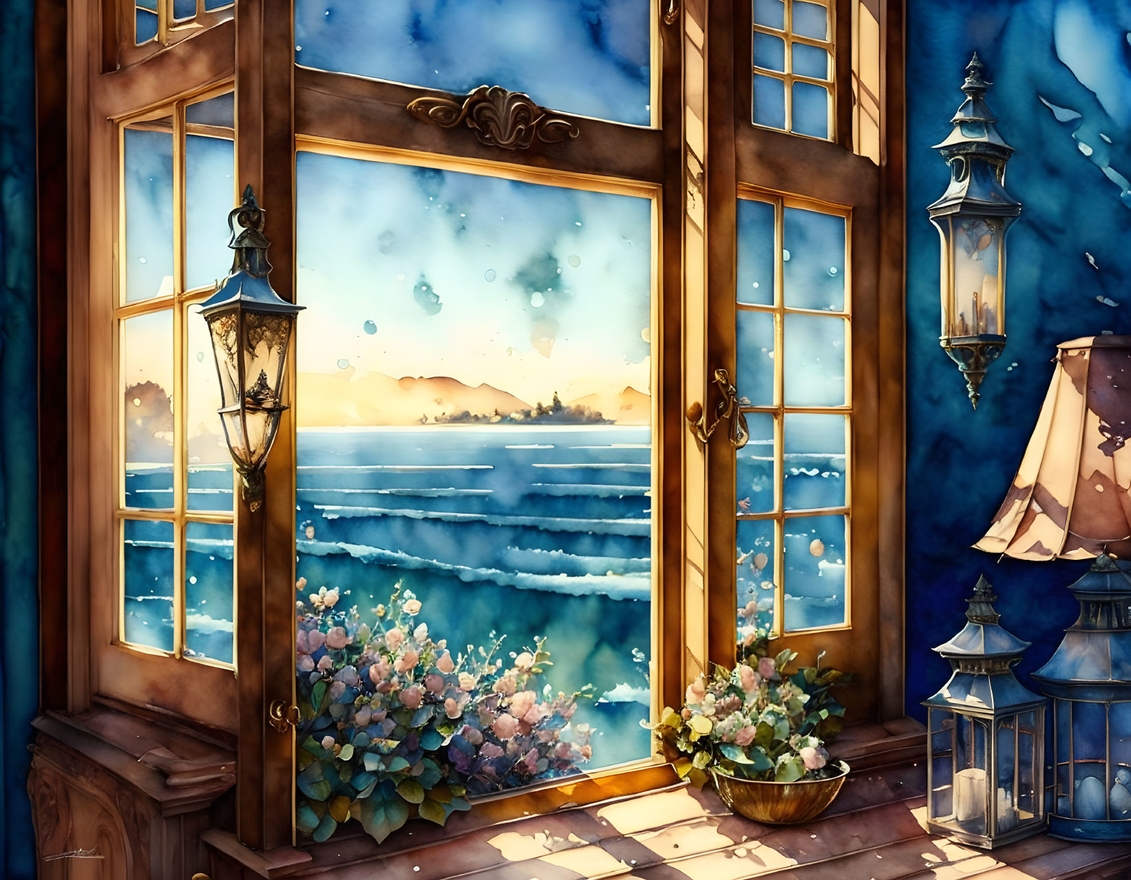 Room with balcony door, sea view at sunset, flowers, vintage lamps