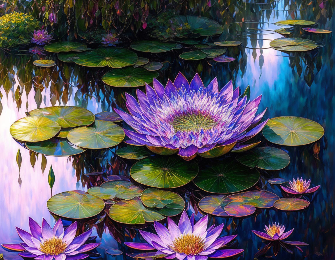 Colorful Water Lilies and Lilypads on Reflective Pond