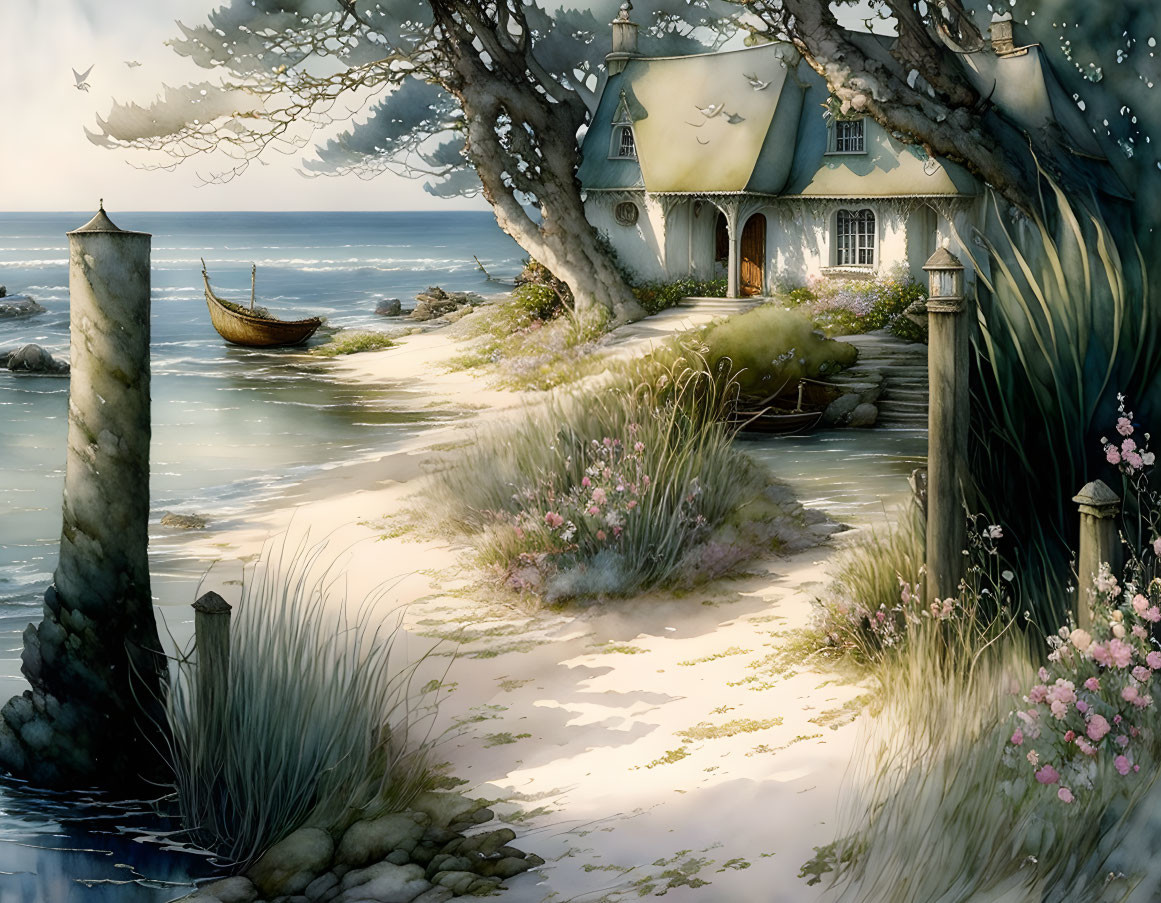 Seaside cottage with rowboat, lush trees, flowers, and stone path