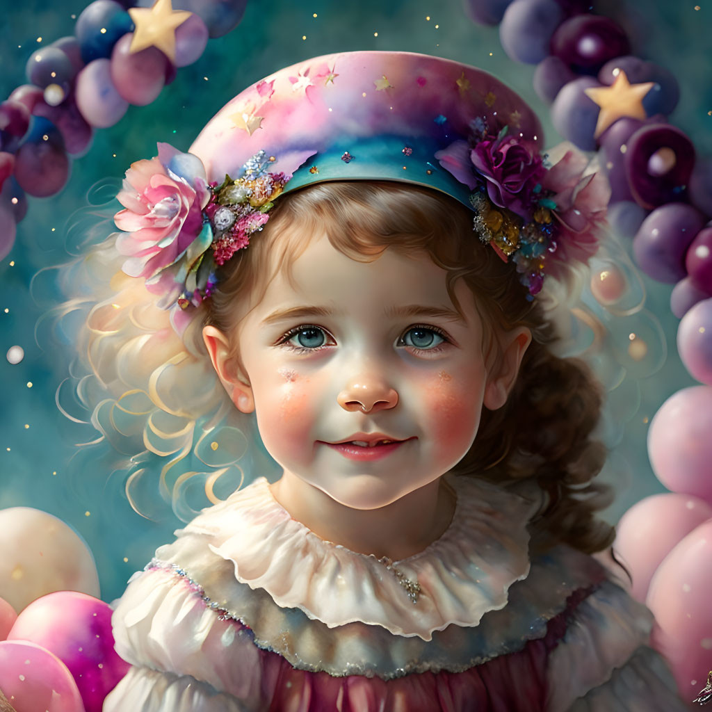 Young girl in cosmic hat, surrounded by iridescent bubbles