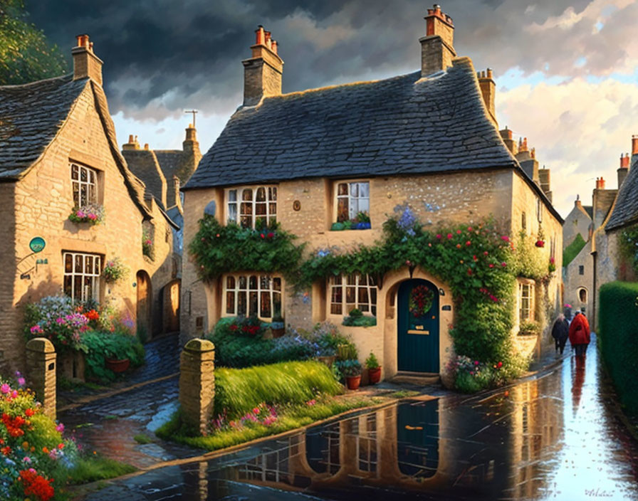 Traditional stone cottages on a quaint village street after rain with a couple walking.