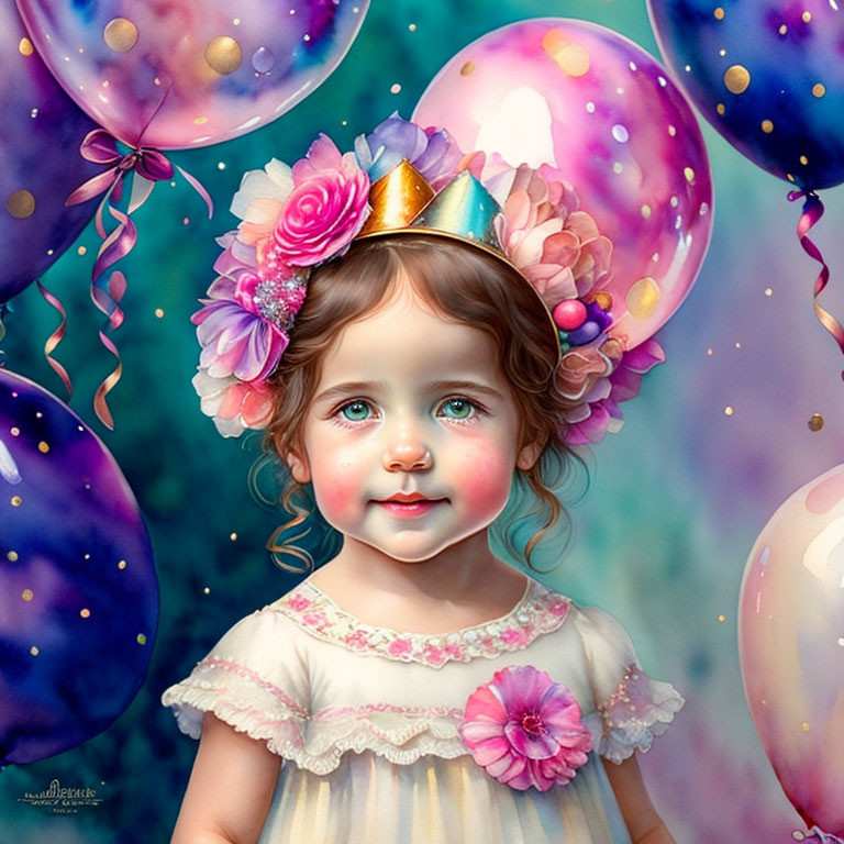 Colorful digital illustration of young girl with floral headband and party hat in dreamy setting.