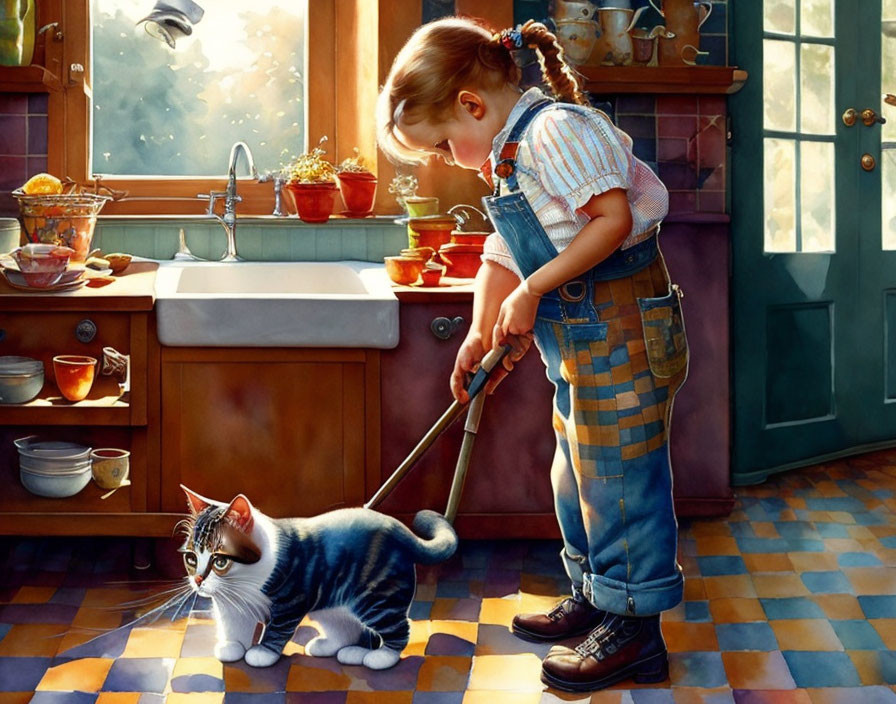 Child in overalls plays with cat indoors in sunlit kitchen.