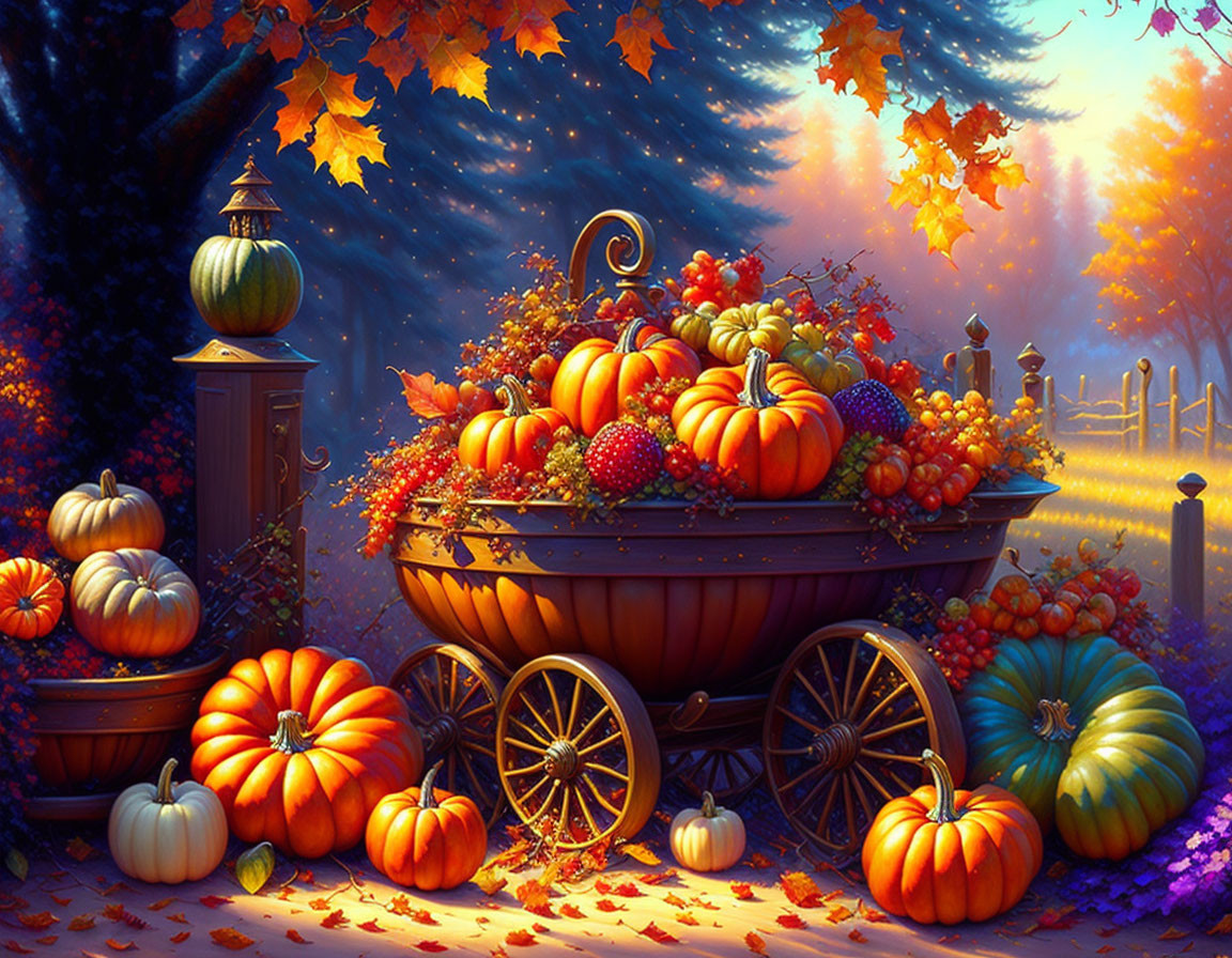 Rustic autumn display with pumpkins, berries, lantern, and fall foliage