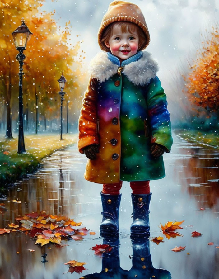 Child in Colorful Raincoat Surrounded by Autumn Leaves and Street Lamps