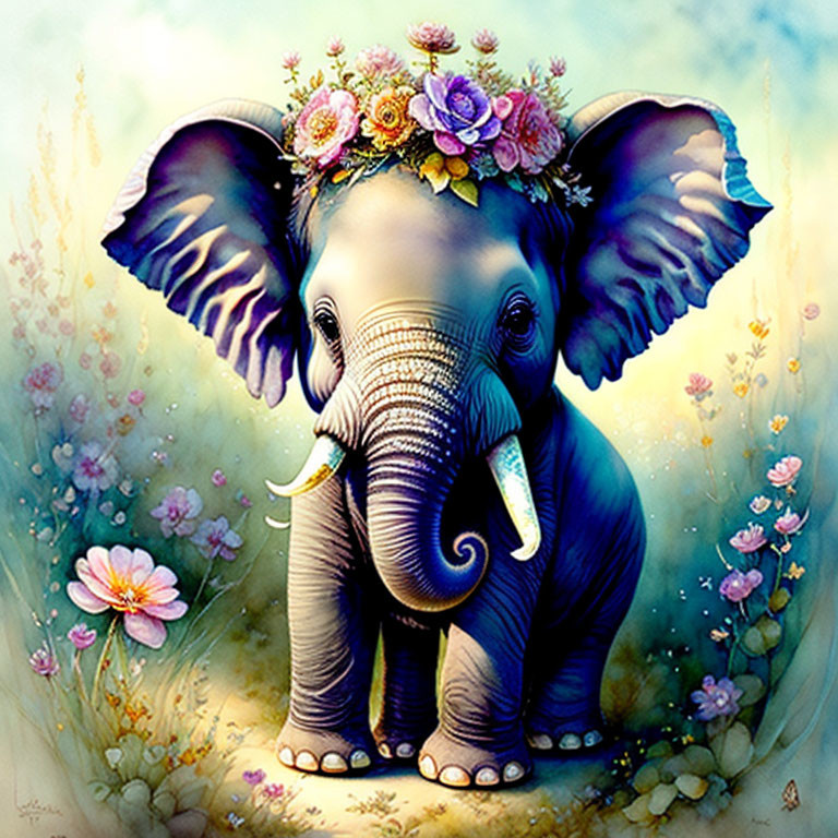 Baby Elephant with Floral Crown in Colorful Flower Field - Whimsical Illustration