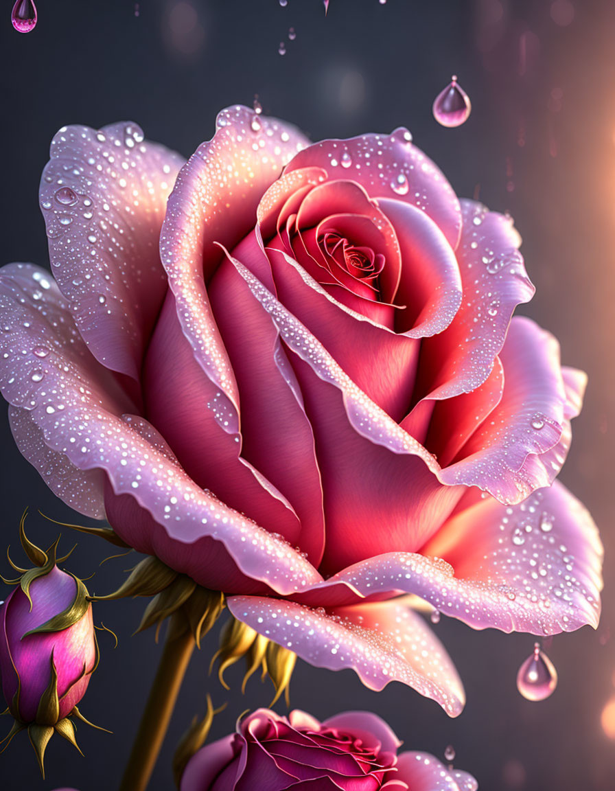 Vibrant pink rose with water droplets, budding rose on soft glowing backdrop