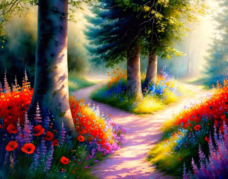 Colorful forest path with sunlight and flowers