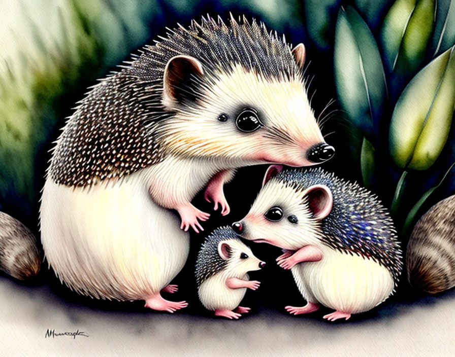 Three adorable hedgehogs huddled in greenery, showcasing family bond