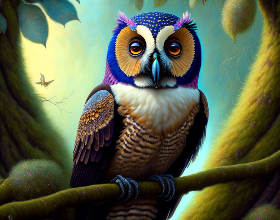 Colorful Owl Illustration Perched in Magical Forest