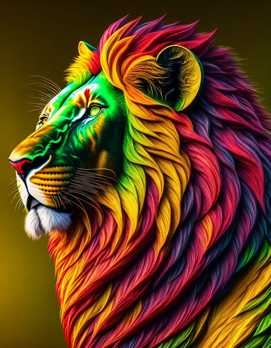 Colorful lion digital art with vibrant mane on golden background