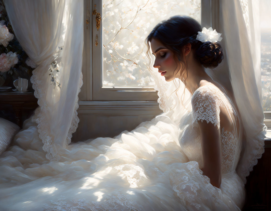 Detailed lace gown bride by window with floral accents