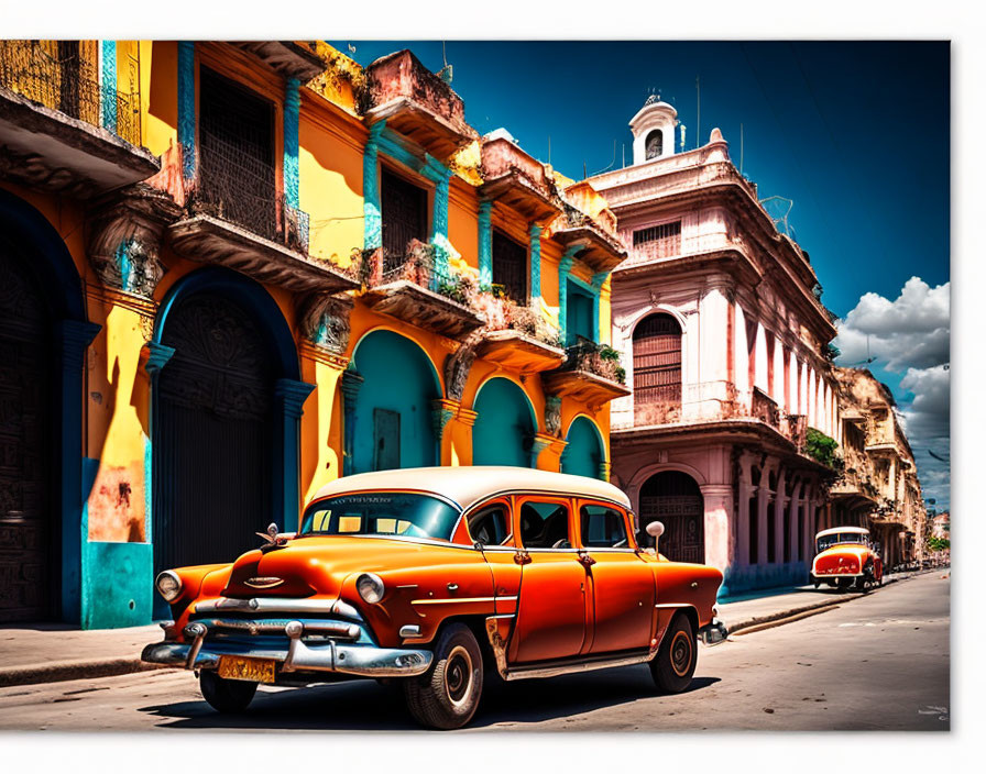 Colorful colonial buildings and classic orange car on vibrant street