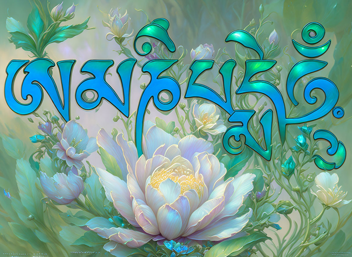 Ornate turquoise lettering amid lush floral artwork