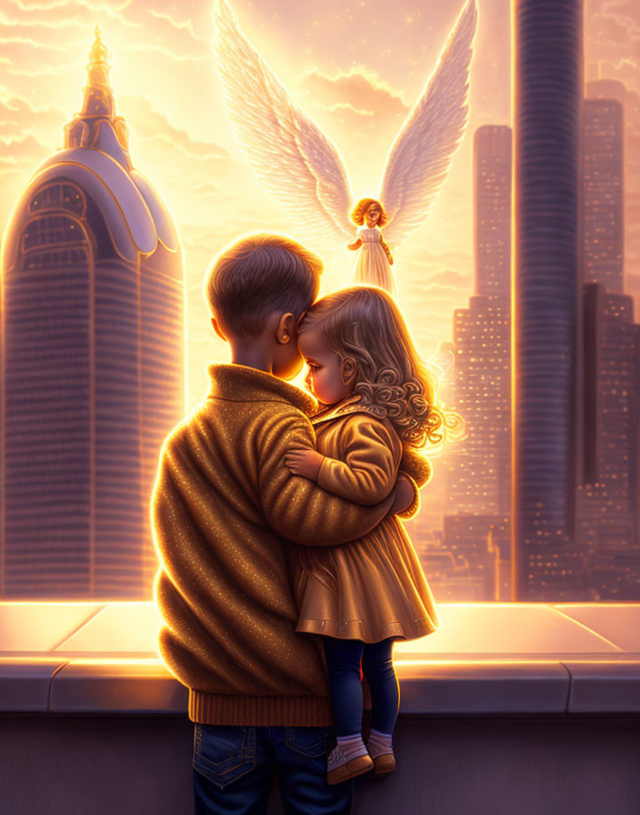 Children admiring radiant winged figure over city skyline at sunset