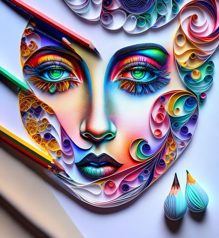 Intricate colorful artwork of a woman's face with detailed eyes