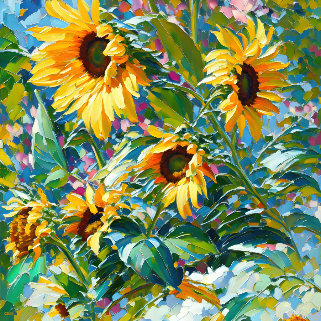 Vibrant sunflower painting with rich yellows and greens on abstract blue mosaic