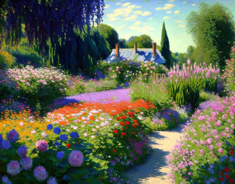 Vibrant garden painting with blooming flowers and cottage under sunny sky