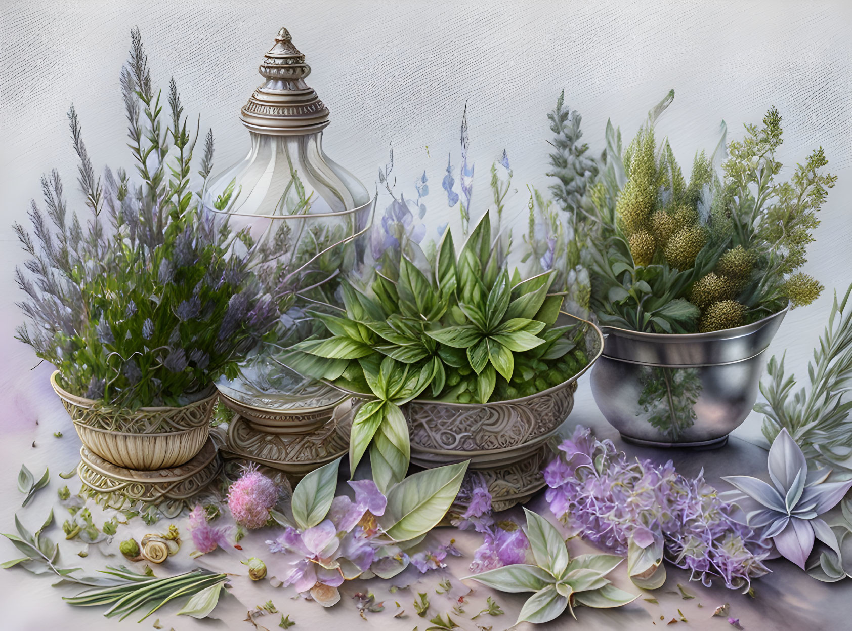 Ornate lantern surrounded by plants and flowers on textured background