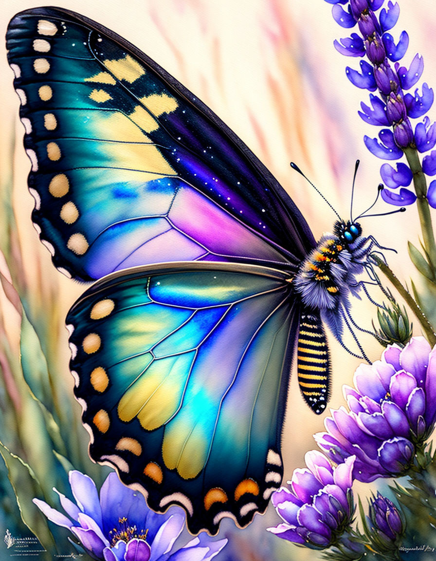 Colorful Butterfly Illustration on Purple Flowers with Soft Background