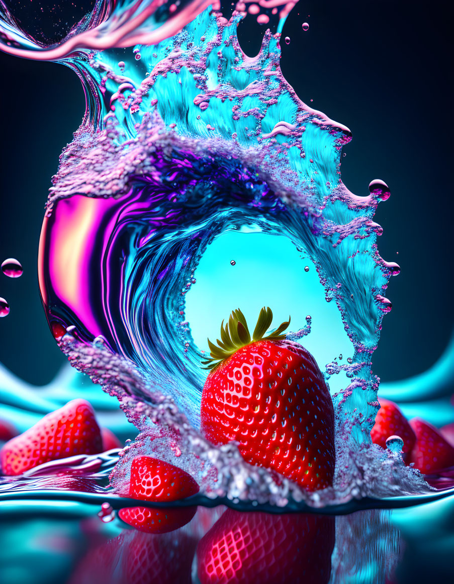 Colorful strawberry splash in dynamic turquoise and pink water swirls