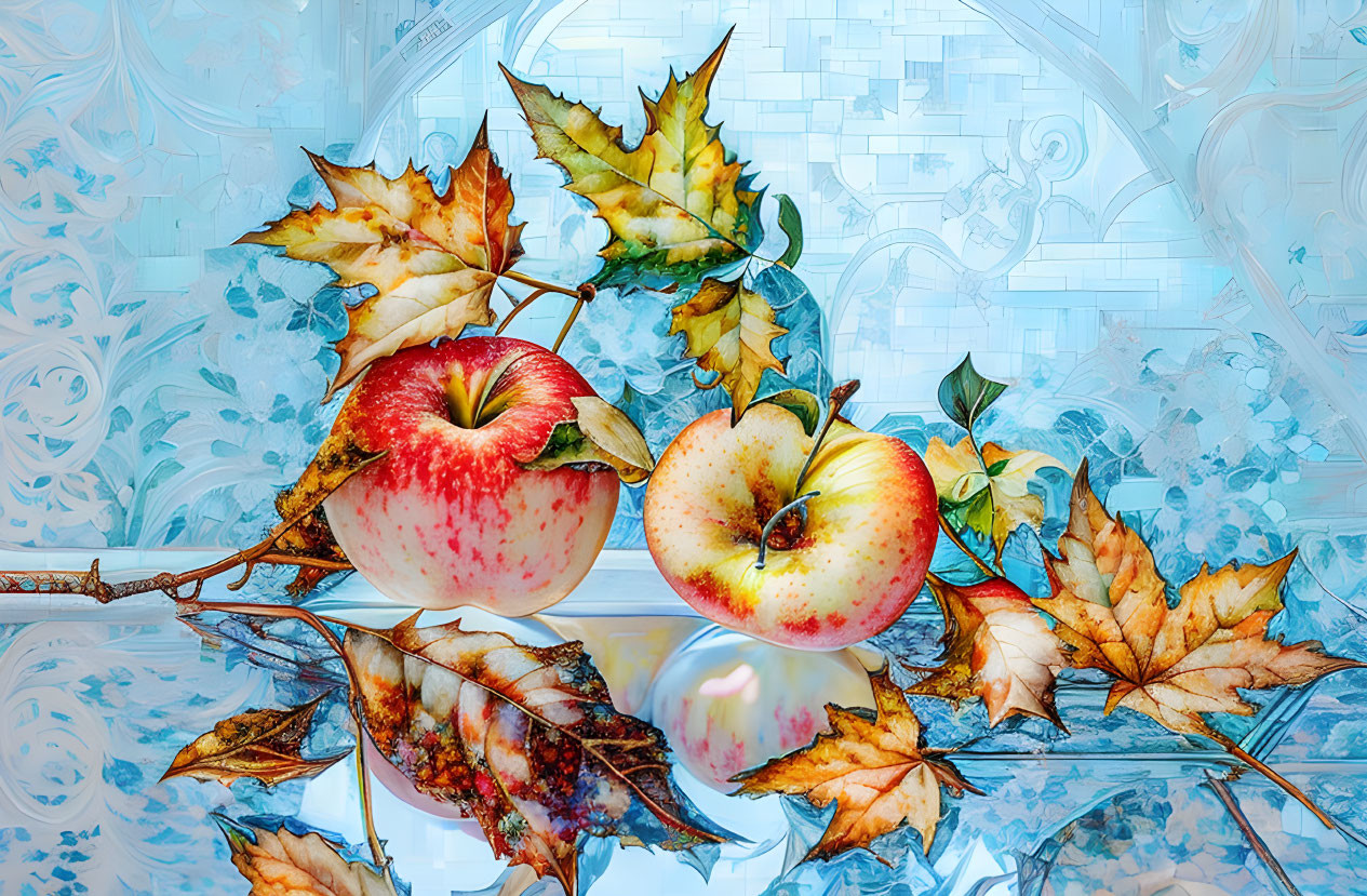 Vibrant red and yellow apples in autumn setting with blue frosted background