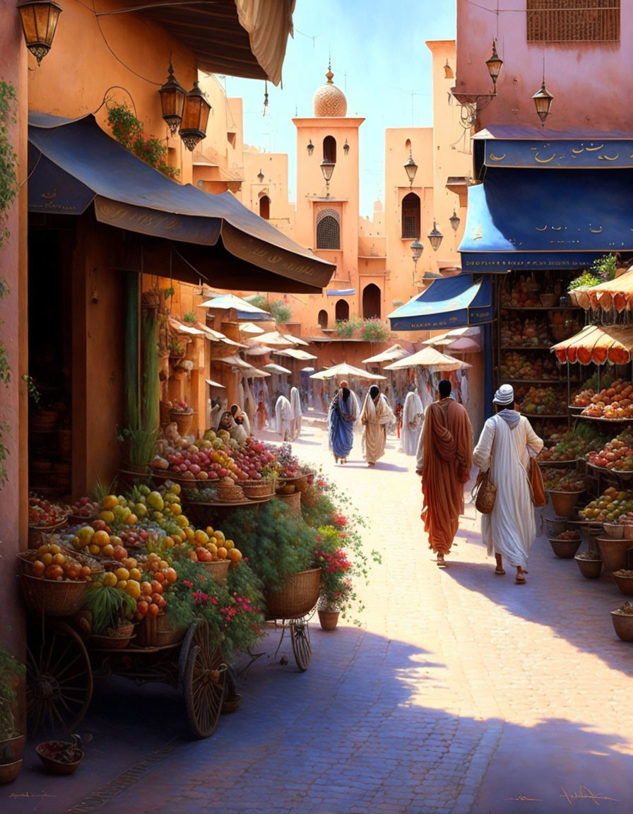 Busy Market Street with Moroccan Architecture & Fruit Stalls