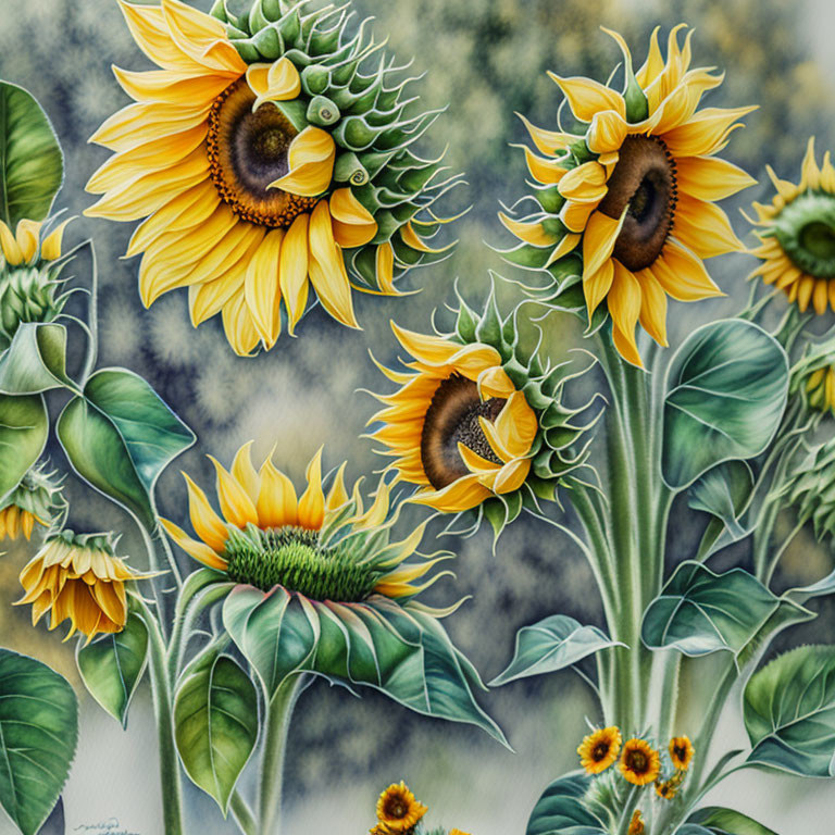 Sunflower painting with multiple blooms and green leaves on soft-focus backdrop