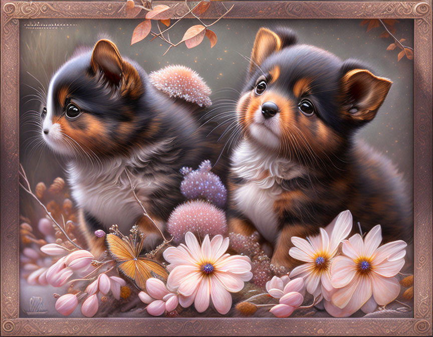 Two fluffy puppies in fantasy setting with vibrant flowers and soft lighting